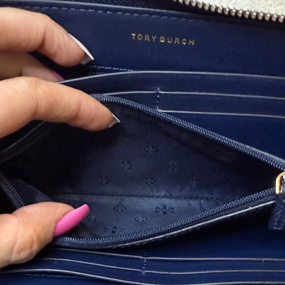 Tory Burch T Block Navy and White Checkered Continental Zip Around Wallet